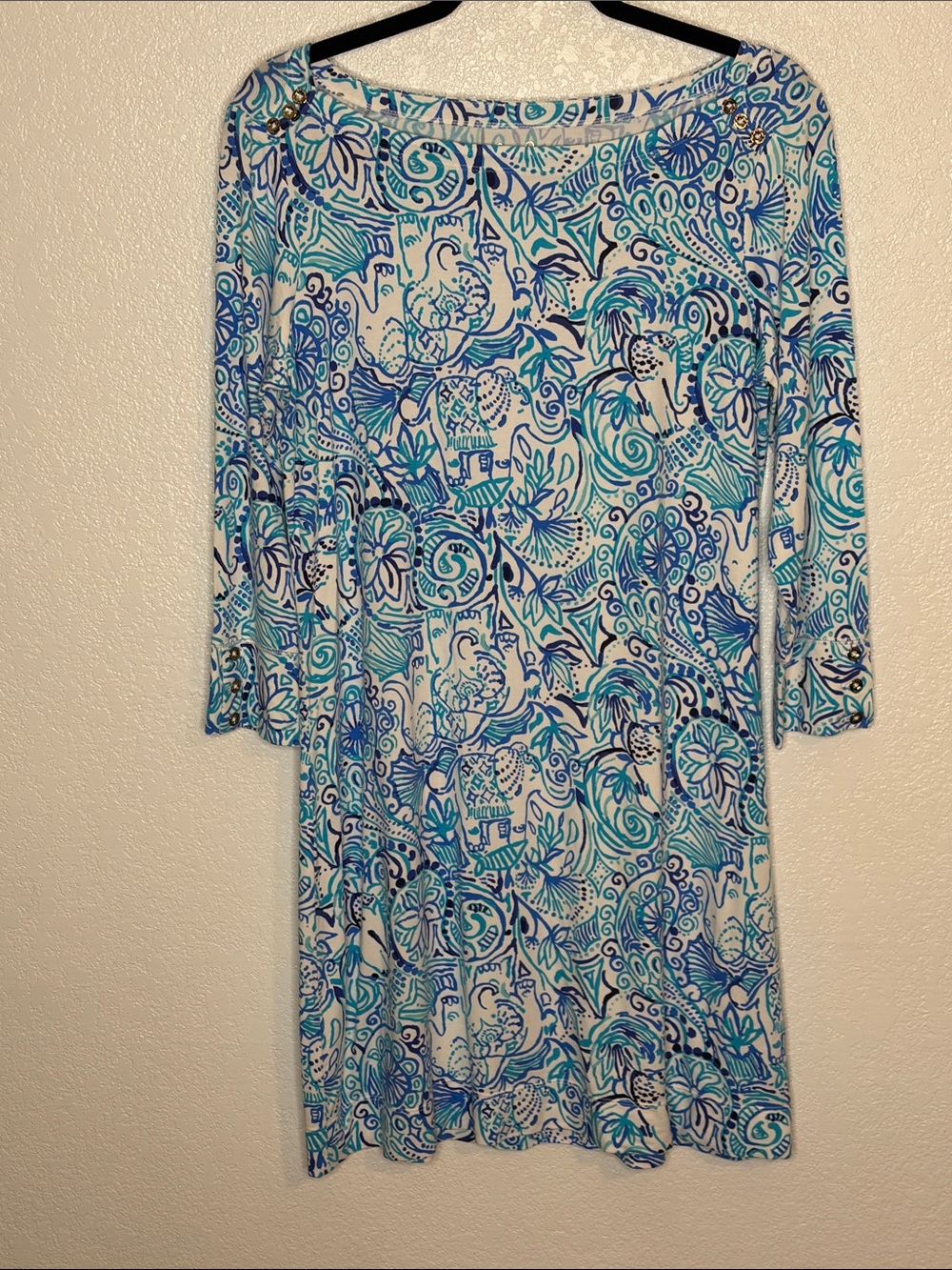 Lily Pulitzer Blue & White Sophie Dress Lucky Trunks Elephant Print Size Large